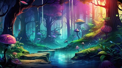Enchanted forest with glowing mushrooms by tranquil stream. Fantasy landscapes.
