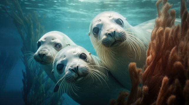 Three curious seals underwater near brown seaweed, looking straight. Marine life exploration.