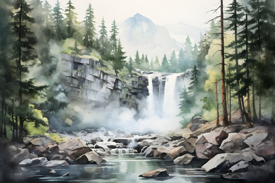 watercolour painting of the mountain waterfall landscape, a picturesque natural environment in soft harmonious colours