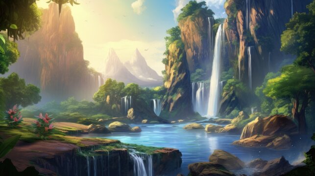 Waterfalls descend into azure pools amid vibrant tropical flora. Fantasy landscapes.