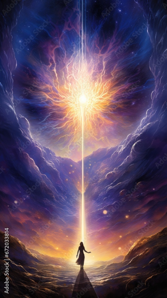 Poster cosmic burst illuminating universe with woman standing on pathway. ethereal realms and enlightenment