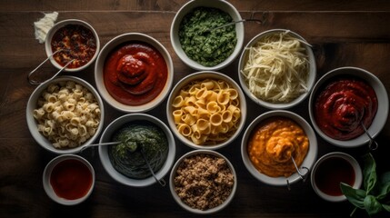 Fototapeta premium several bowls of food and some sauces in them on a table