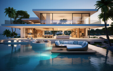 Super luxurious house with swimming pool and terrace in modern design.