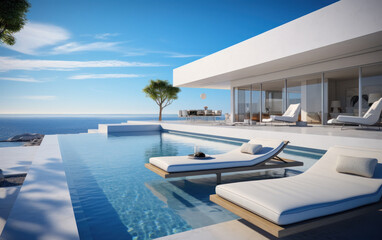 Fototapeta premium Super luxurious house with swimming pool and terrace in modern design.