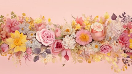 Horizontal floral panorama with vibrant flowers, petals, and foliage on pastel pink backdrop. Spring and blooming.