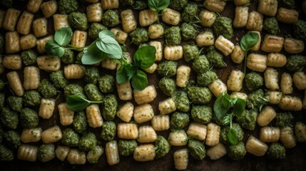 a pile of raw gnocchi pasta and spinach leaves