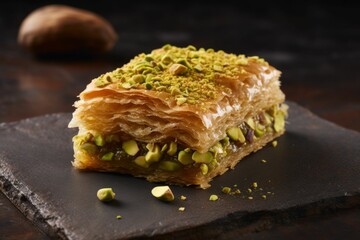 there is a piece of pie with pistachios on top