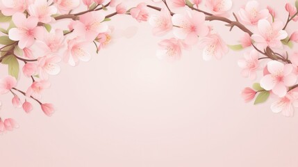 Cherry blossoms arrangement forming a semi-circle on pastel pink backdrop. Springtime floral display.