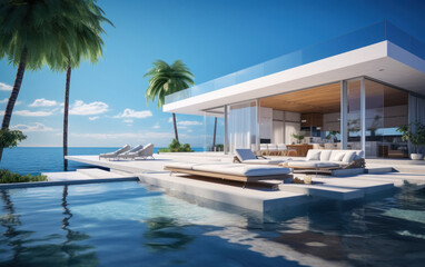 Fototapeta premium Super luxurious house with swimming pool and terrace in modern design.