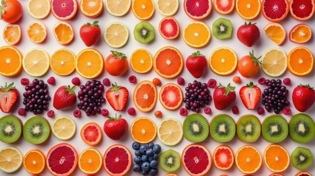 AI generated illustration of An array of vibrant, rainbow-colored fruits