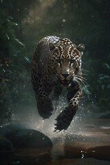AI generated illustration of a roaring leopard sprints through a river