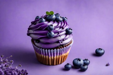 A blueberry cupcake with blueberry compote and purple frosting on a lavender background