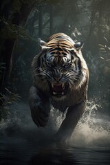 AI generated illustration of a roaring tiger sprints through a river