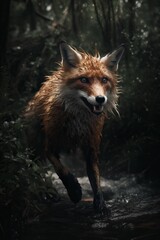 Fototapeta premium AI generated illustration of an orange fox walking down a stream in a lush forest