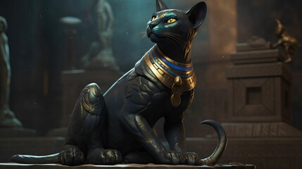 AI generated illustration of a cat in an ancient Egyptian clothing in a temple