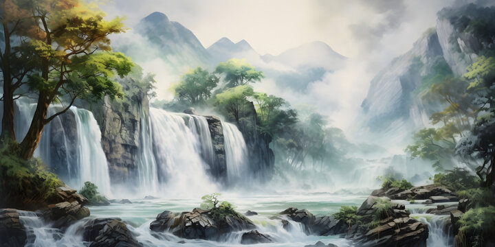 painting of the mountain waterfall landscape, a picturesque natural environment in harmonious colours