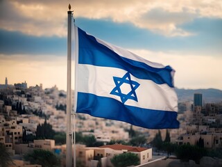 Flag of Israel waving in the wind on a background of the sunset