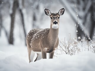Obraz premium AI generated illustration of A white-tailed deer standing in the snow-covered forest