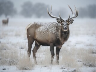 AI generated illustration of An elk in the snow, their striking antlers