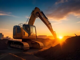 excavator at work in the site with sun rise.