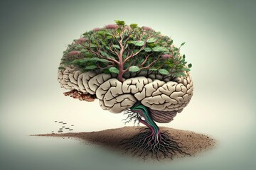 AI generated illustration of a tree with its branches growing in the shape of human brain