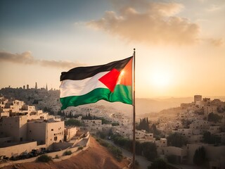 Flag of Palestine waving in the wind over cityscape at sunset.