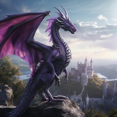 AI generated illustration of a majestic purple dragon atop a rock overlooking a castle - obrazy, fototapety, plakaty