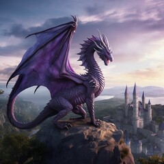 AI generated illustration of a majestic purple dragon atop a rock overlooking a castle - obrazy, fototapety, plakaty
