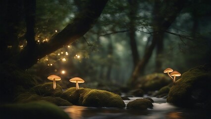 Obraz premium AI generated illustration of a tranquil outdoor scene featuring a stream lined with mushrooms