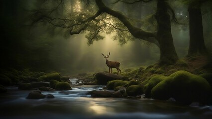 AI generated illustration of a majestic deer in a tranquil forest glade - obrazy, fototapety, plakaty