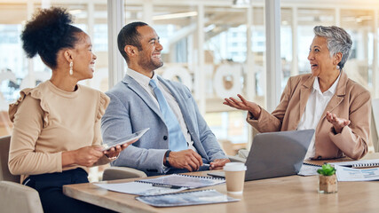 Business people, team and laughing in meeting for discussion, company update and planning feedback. Diversity, corporate group and happy office employees in collaboration, conversation and funny joke