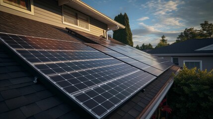 AI generated illustration of a contemporary two-story house with solar panels installed on the roof