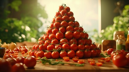 AI generated illustration of a vibrant red tomato tower on the wooden table - obrazy, fototapety, plakaty