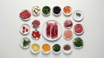 AI generated illustration of plates with various meat and vegetables on a white background