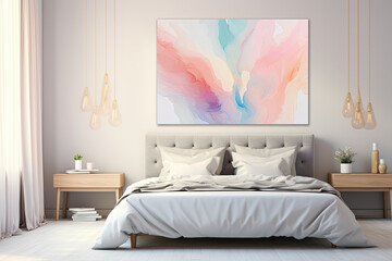 a modern bedroom is decorated with a pink bedroom accent wall and an abstract pink canvas