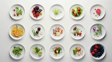 AI generated illustration of plates of vegetables and fruits on a white background
