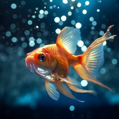 Vibrant goldfish swimming in the blue water with glowing bubbles. AI-generated.