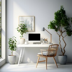 Modern white office desk next to a window showcasing lush green plants and a computer, AI-generated