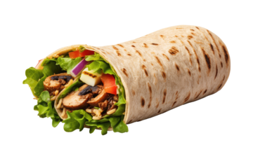 Tortilla wrap with fried chicken meat and vegetables isolated on transparent background