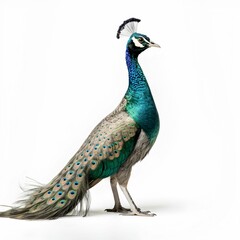 AI generated illustration of a peacock on a white backdrop