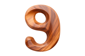 wooden number 9 on isolated transparent background