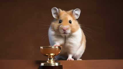 AI-generated illustration of a white and brown hamster proudly standing with a gold trophy. - obrazy, fototapety, plakaty