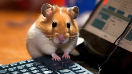 AI-generated illustration of an adorable brown and white hamster touching a computer keyboard. - obrazy, fototapety, plakaty