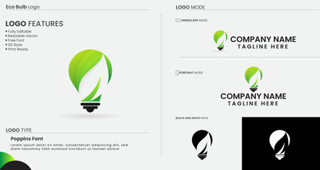 Eco bulb logo design. Natural. Power saving light bulb logo. Business. Leaf. Bulb logo with leaf. Creative. Green colorful template. Modern