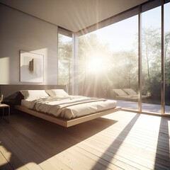 AI generated illustration of a bedroom with natural light streaming in through large windows