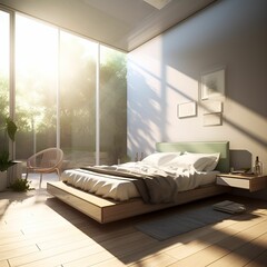AI generated illustration of a bedroom with natural light streaming in through large windows