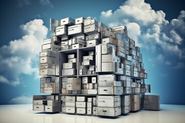 AI generated illustration of metal containers arranged with a bright blue sky in the background