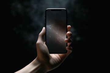 AI generated illustration of a person holding up their smartphone in a dimly lit, smoky atmosphere - obrazy, fototapety, plakaty
