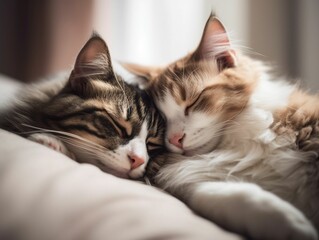 AI-generated illustration of adorable domestic cats cuddling on a bed