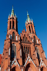Roman Catholic cathedral, Gothic style architecture in the city center. Cathedral Basilica of the Assumption of the Blessed Virgin Mary. Białystok Cathedral, Bialystok, Poland 3 March 2021